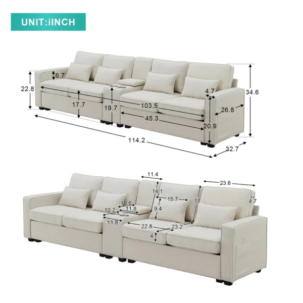 Upholstered Sofa with Console, 2 Cupholders and 2 USB Ports Wired or Wirelessly Charged - Image 5