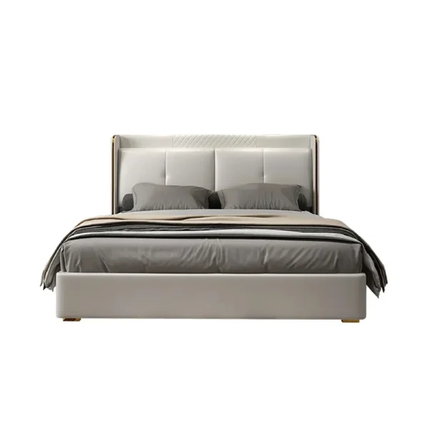 White Wingback King Bed with Faux Leather Upholstered Headboard & Wood Slats - Image 5