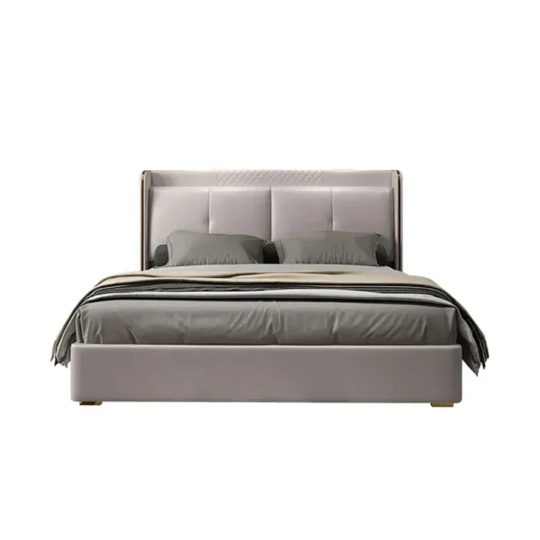 Light Gray Wingback King Bed with Faux Leather Upholstered Headboard & Wood Slats - Image 5