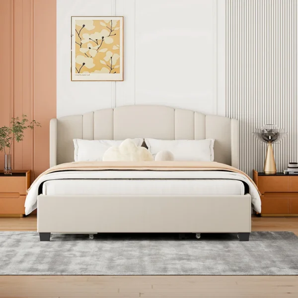 Linen Fabric Upholstered Platform Bed with Wingback Headboard, No Box Spring Needed Wood Slat Support Queen Size Bed Frame - Image 5
