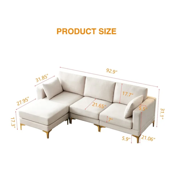 Modern L Shape Sectional Sofa Couch with Ottoman, Comfortable 4-Piece Living Room Furniture with Gold Metal Legs. - Beige - Image 5