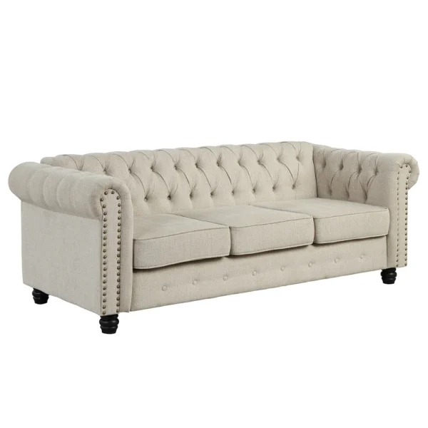 Morden Fort Linen Chesterfield Sofa with Button Tufted, Nailhead and Solid Wood Legs for Living Room - Beige - Image 5