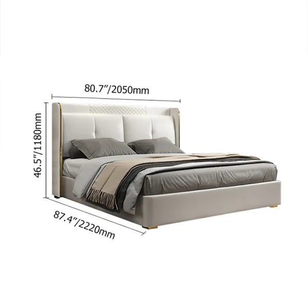 White Wingback King Bed with Faux Leather Upholstered Headboard & Wood Slats - Image 6