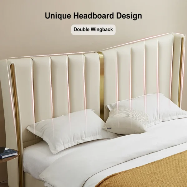 Modern Beige King Size Bed Wingback Headboard Leather Upholstery & Gold Stainless Steel - Image 6