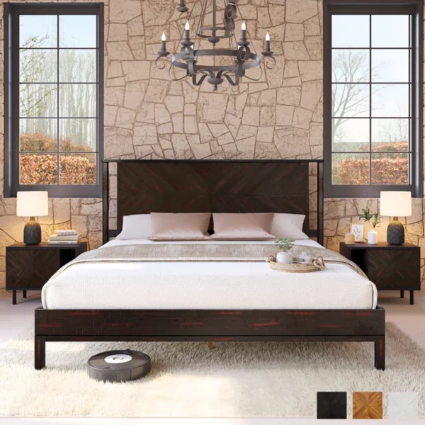 Vivian Solid Wood Platform Bed with Headboard, Rustic Bed Frame