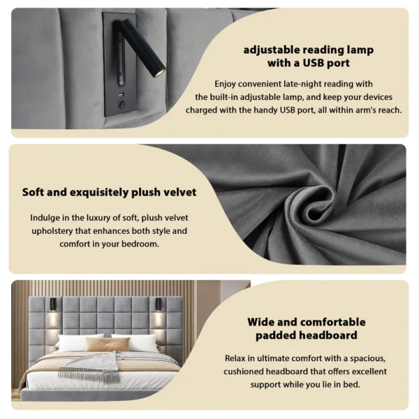Svens Modern Upholstered Velvet Platform Bedframe & Headboard with Lamps and USB Ports, Grey - Image 4