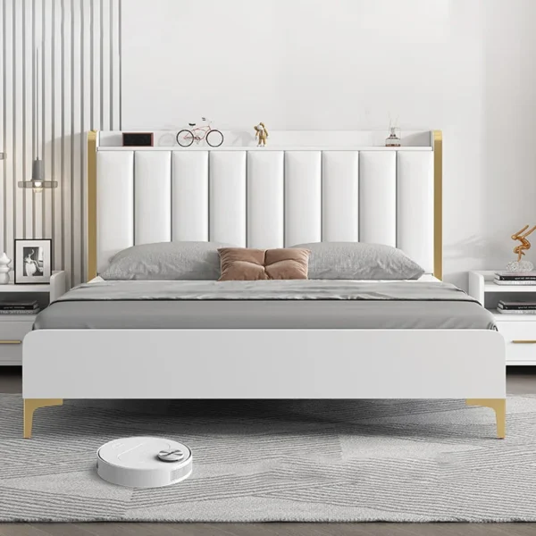 Modern Solid Wood Standard Bed Headboard Bed Frame with Golden Legs - Image 6
