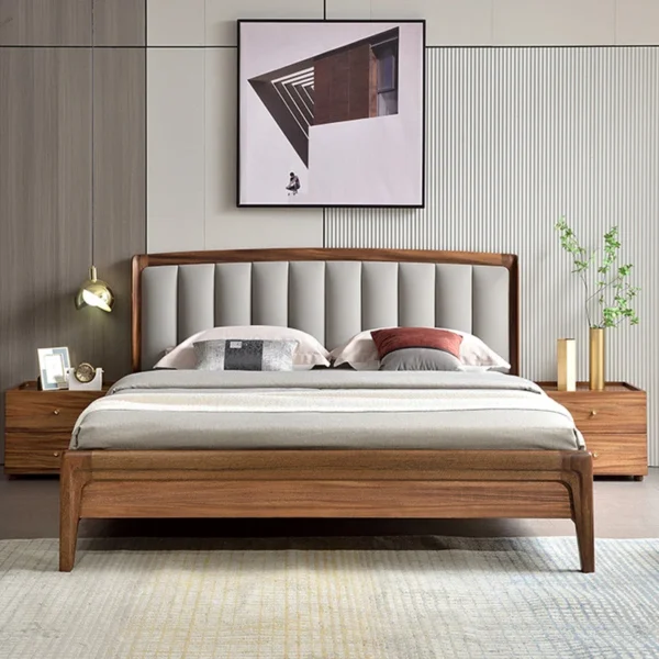 Upholstered Headboard Standard Bed Walnut Bed Frame with Legs - Image 6