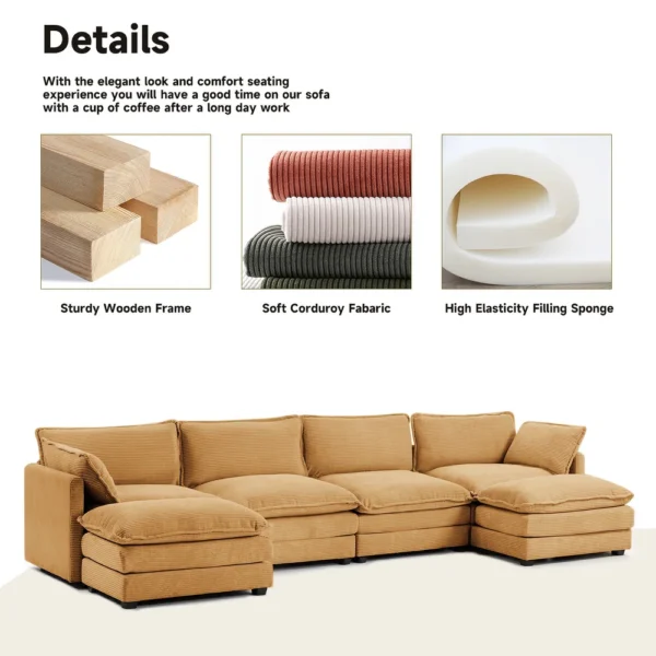 Corduroy Sectional Sofa with Ottomans and Ultra-soft Cushions for Living Room & Bedroom - 4 Seats With 2 Ottomans - Tan - Image 7
