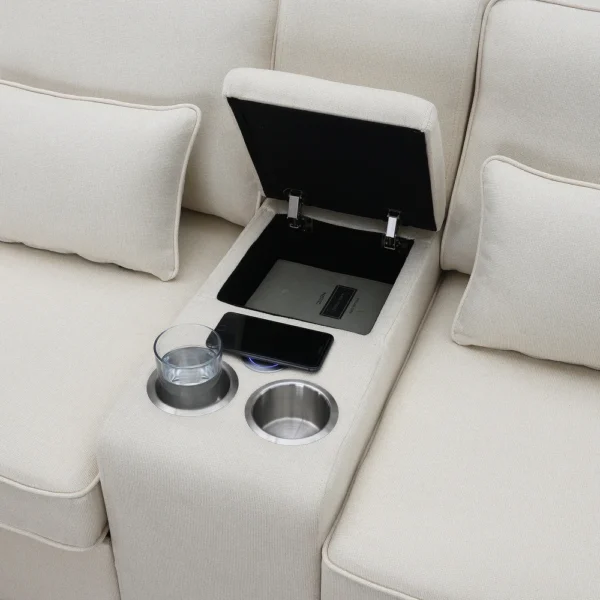 Upholstered Sofa with Console, 2 Cupholders and 2 USB Ports Wired or Wirelessly Charged - Image 7