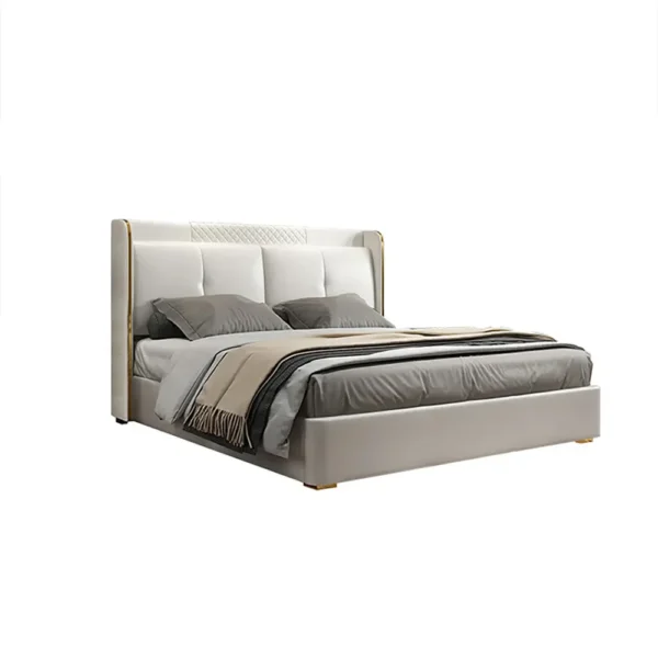 White Wingback King Bed with Faux Leather Upholstered Headboard & Wood Slats - Image 7