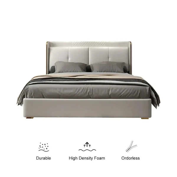 Light Gray Wingback King Bed with Faux Leather Upholstered Headboard & Wood Slats - Image 7