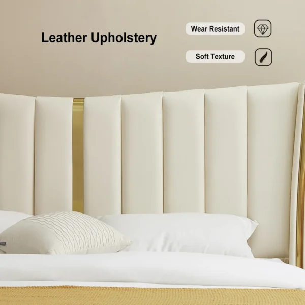 Modern Beige King Size Bed Wingback Headboard Leather Upholstery & Gold Stainless Steel - Image 7