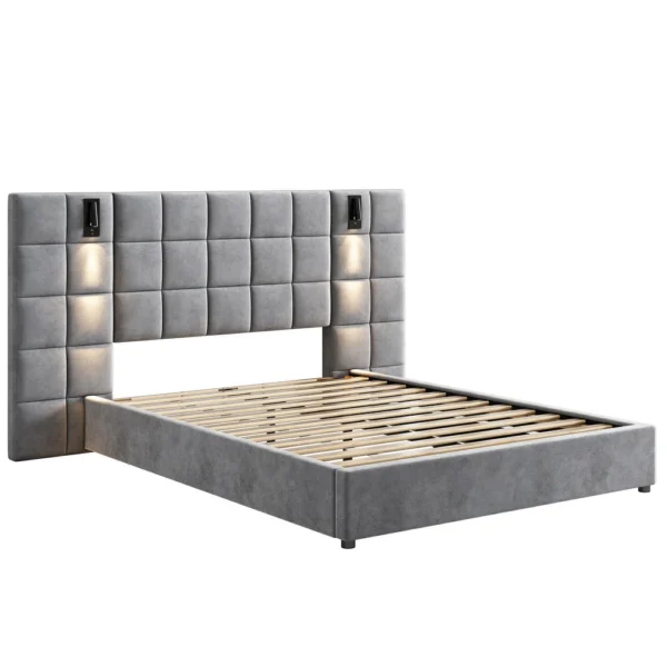 Svens Modern Upholstered Velvet Platform Bedframe & Headboard with Lamps and USB Ports, Grey - Image 5