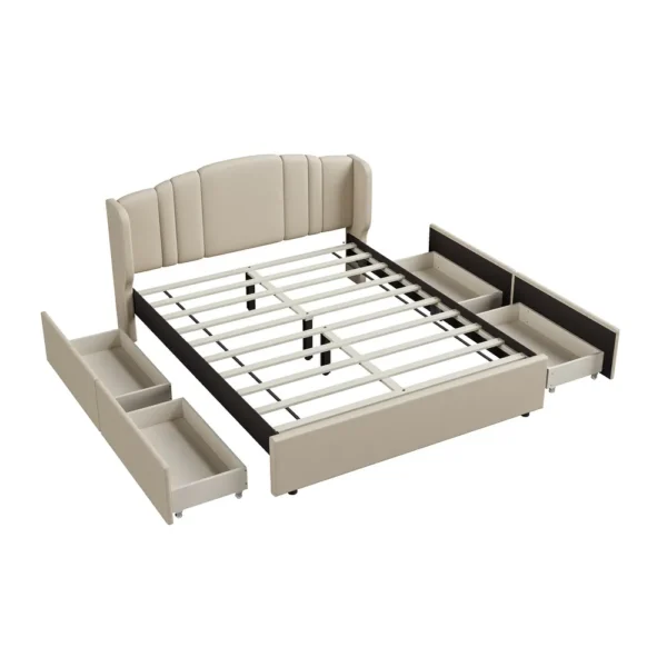 Linen Fabric Upholstered Platform Bed with Wingback Headboard, No Box Spring Needed Wood Slat Support Queen Size Bed Frame - Image 7
