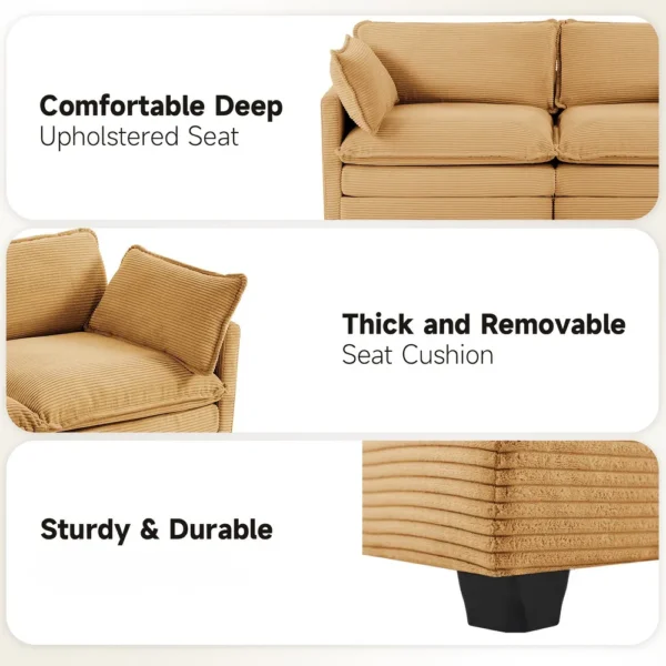 Corduroy Sectional Sofa with Ottomans and Ultra-soft Cushions for Living Room & Bedroom - 4 Seats With 2 Ottomans - Tan - Image 8