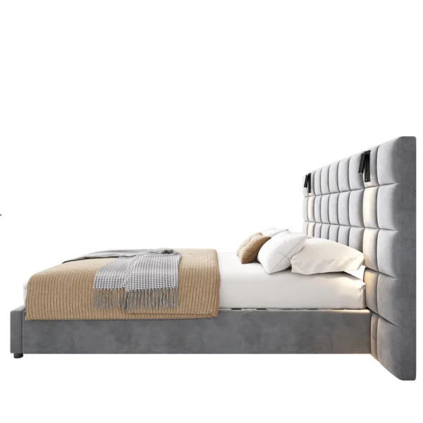 Svens Modern Upholstered Velvet Platform Bedframe & Headboard with Lamps and USB Ports, Grey - Image 6