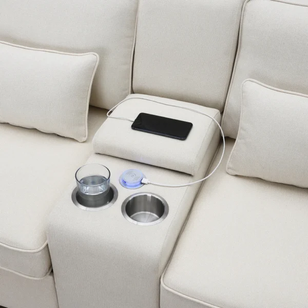 Upholstered Sofa with Console, 2 Cupholders and 2 USB Ports Wired or Wirelessly Charged - Image 8