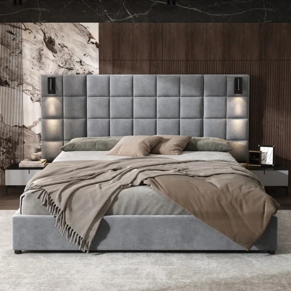 Svens Modern Upholstered Velvet Platform Bedframe & Headboard with Lamps and USB Ports, Grey - Image 7