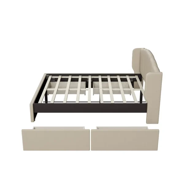 Linen Fabric Upholstered Platform Bed with Wingback Headboard, No Box Spring Needed Wood Slat Support Queen Size Bed Frame - Image 9