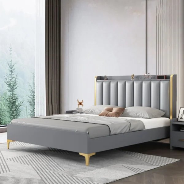 Modern Solid Wood Standard Bed Headboard Bed Frame with Golden Legs - Image 9