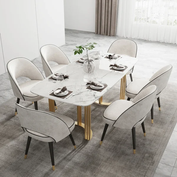 Faux Marble Dining Room Table for 4-6 Person White Rectangular Top in Gold