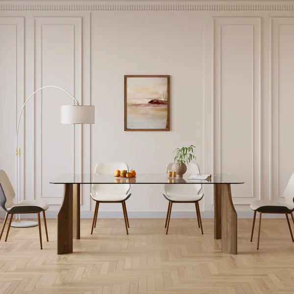 Rectangle Glass Dining Table for 8 Person Walnut Solid Wood 4-Legs
