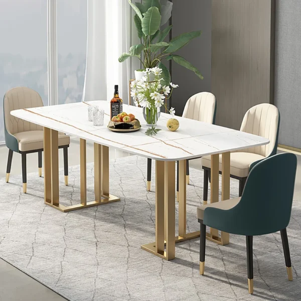 White Dining Table with Rectangular Sintered Stone Top & Metal Frame