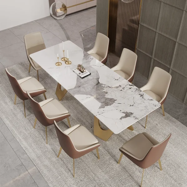 Contemporary Rectangle Dining Table in Gold for 8 Seaters with Stone Top
