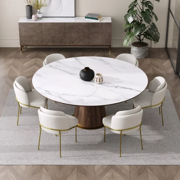 Round Dining Table Sintered Stone Top Wooden Base for 6 Mid-Century Modern