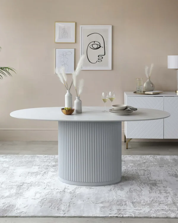 Austin White Marbled Ceramic Fluted 6 Seater Dining Table