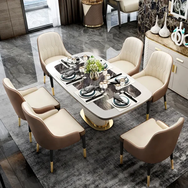 Modern Marble Rectangular Pedestal Dining Table PU Leather&Stainless Steel in Gold