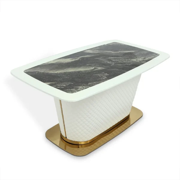 Modern Marble Rectangular Pedestal Dining Table PU Leather&Stainless Steel in Gold - Image 10