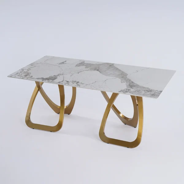 Contemporary Rectangle Dining Table in Gold for 8 Seaters with Stone Top - Image 12