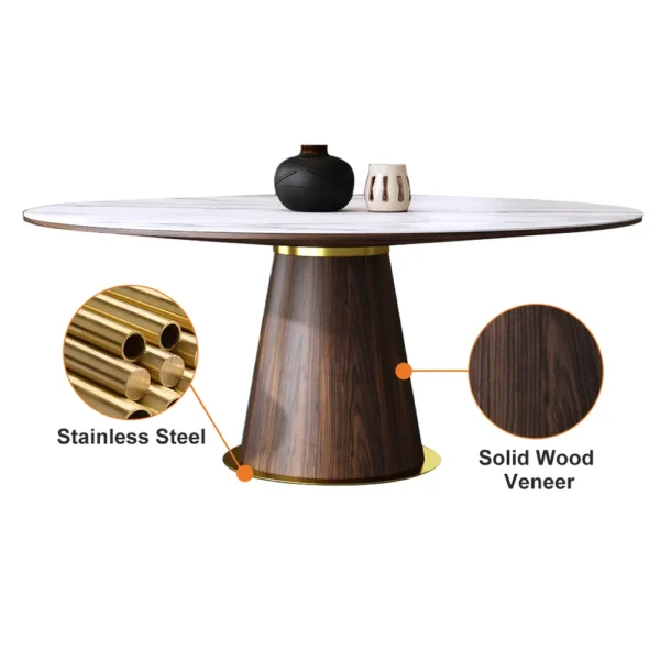 Round Dining Table Sintered Stone Top Wooden Base for 6 Mid-Century Modern - Image 12