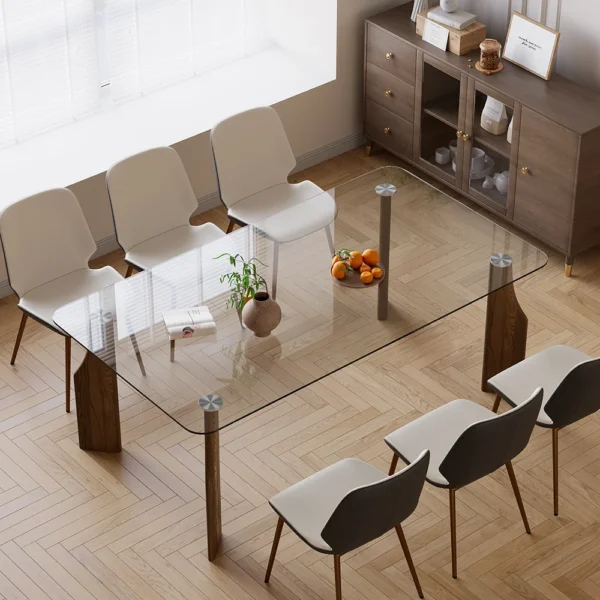 Rectangle Glass Dining Table for 8 Person Walnut Solid Wood 4-Legs - Image 2