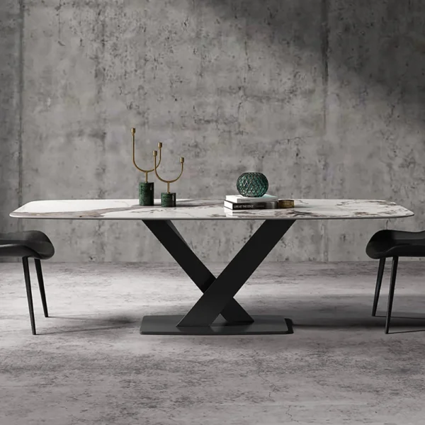 Modern Pandora Stone Top Dining Table with Black Base - Image 2