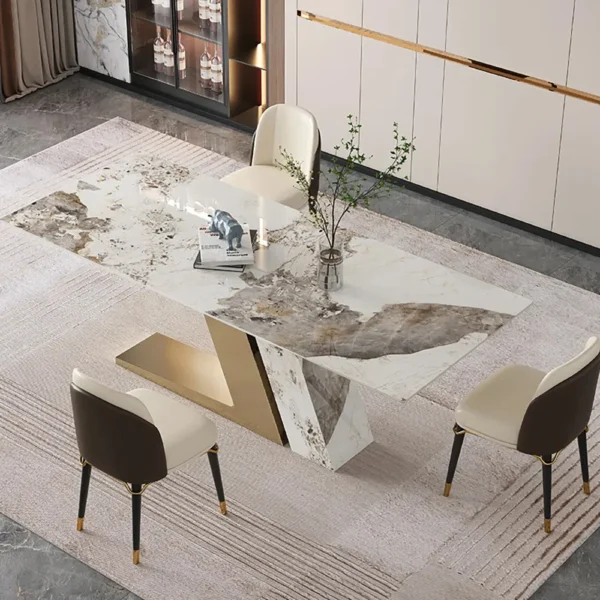 Modern Rectangle Sintered Stone Dining Table with 8 Chairs in Gold - Image 2