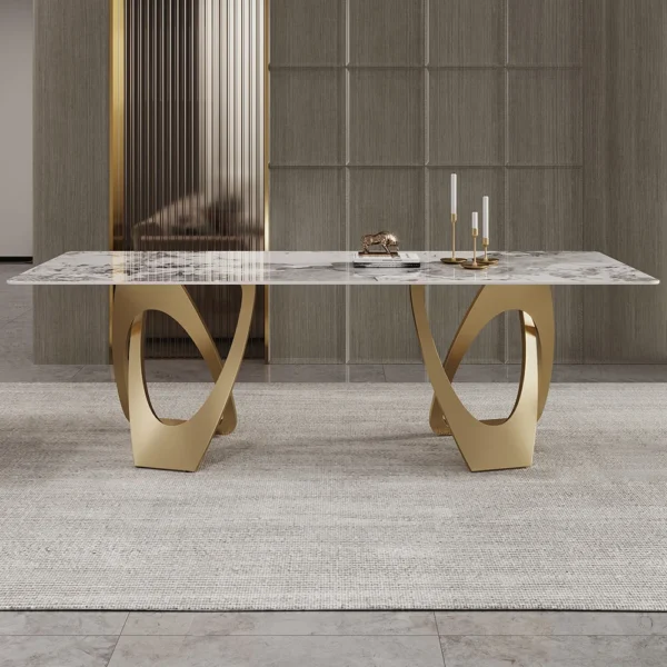 Contemporary Rectangle Dining Table in Gold for 8 Seaters with Stone Top - Image 2
