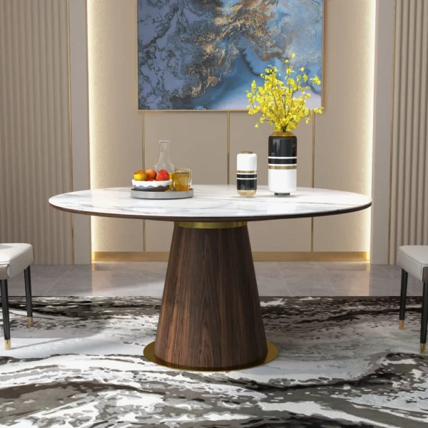 Round Dining Table Sintered Stone Top Wooden Base for 6 Mid-Century Modern - Image 2