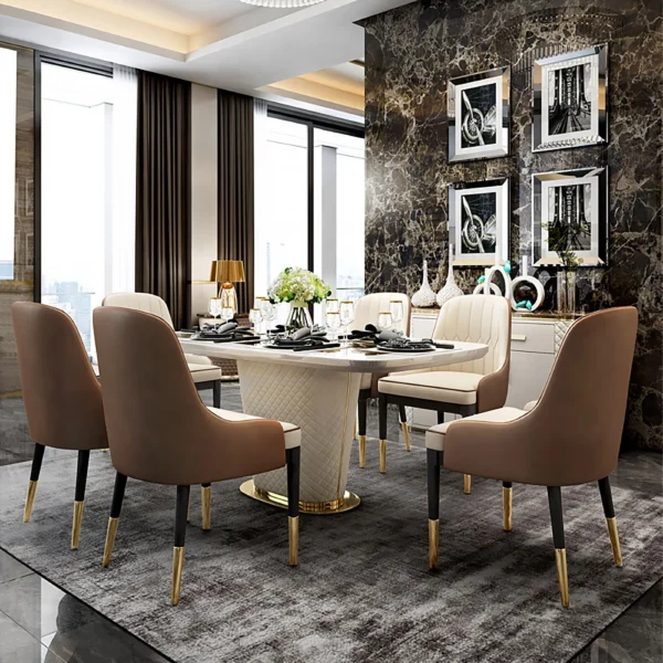 Modern Marble Rectangular Pedestal Dining Table PU Leather&Stainless Steel in Gold - Image 2