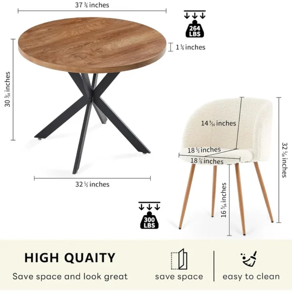Howtai Round Dining Table Set with Fluffy Sherpa Arm Chairs Space Saving - Image 3