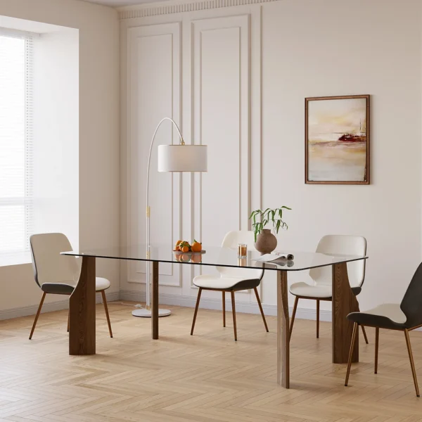 Rectangle Glass Dining Table for 8 Person Walnut Solid Wood 4-Legs - Image 3