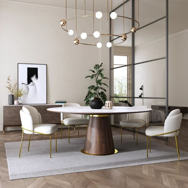 Round Dining Table Sintered Stone Top Wooden Base for 6 Mid-Century Modern - Image 3