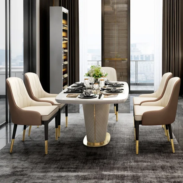 Modern Marble Rectangular Pedestal Dining Table PU Leather&Stainless Steel in Gold - Image 3