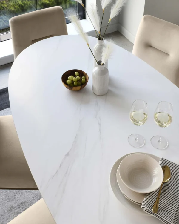 Austin White Marbled Ceramic Fluted 6 Seater Dining Table - Image 4