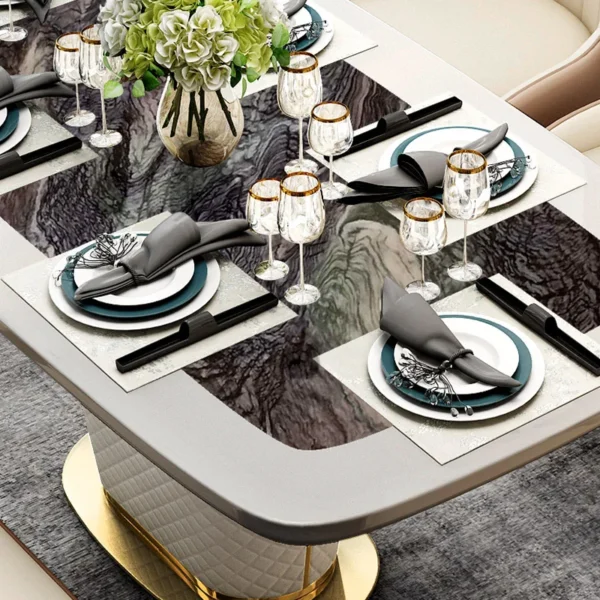 Modern Marble Rectangular Pedestal Dining Table PU Leather&Stainless Steel in Gold - Image 4