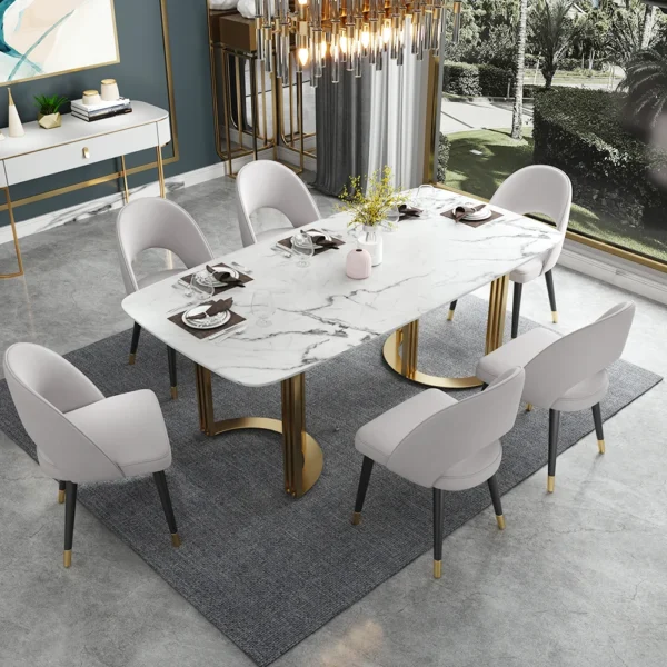 Faux Marble Dining Room Table for 4-6 Person White Rectangular Top in Gold - Image 3
