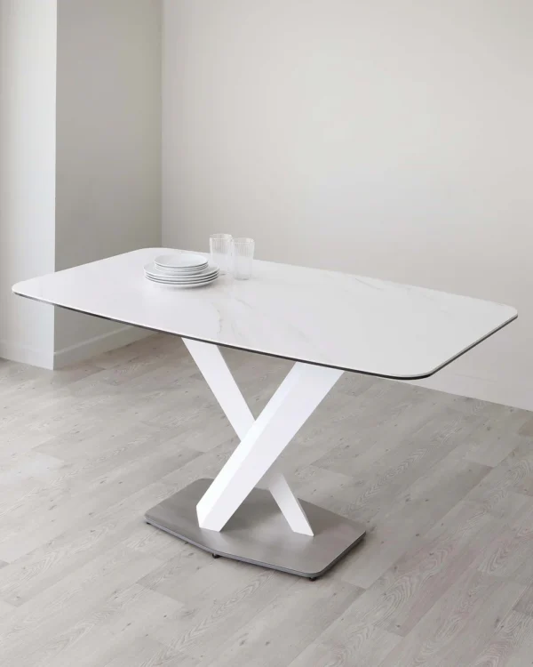 Carter White Marbled Ceramic Pedestal 6 Seater Table - Image 4