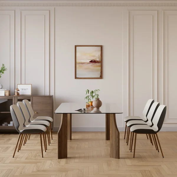 Rectangle Glass Dining Table for 8 Person Walnut Solid Wood 4-Legs - Image 5